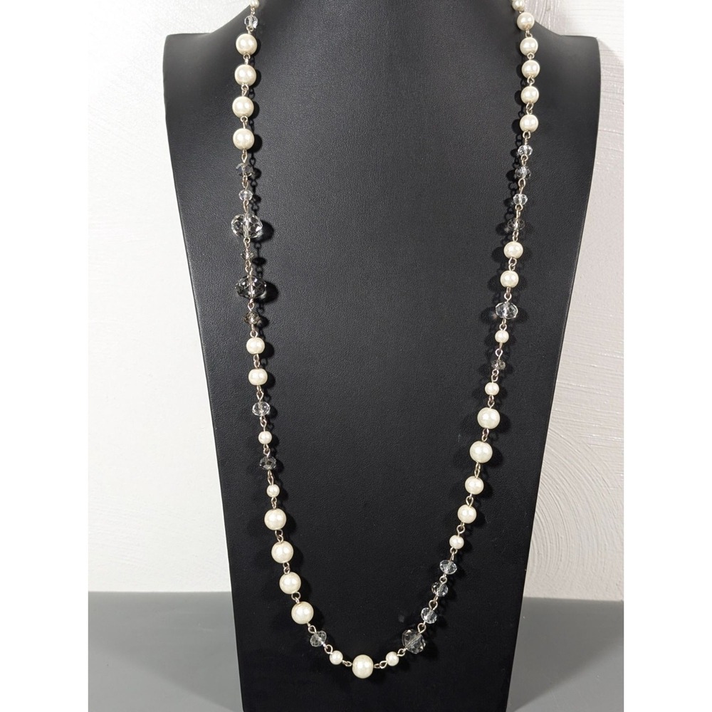 White Glass Faux Pearl Faceted Glass Bead Long Layering Necklace 38"